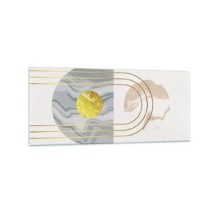 Glasbild - Bild auf glas - Abstrakte Komposition mit Kreisen und goldenen Linien auf hellem Hintergrund. - 120x50cm - Helligkeit und Brillanz - Moderne Wanddekoration für Wohnzimmer und Schlafzimmer ARTTOR