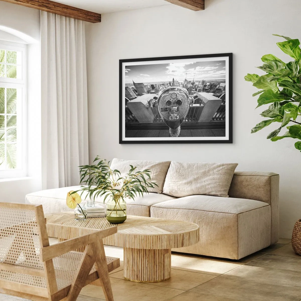 Poster in einem schwarzem Rahmen - Monochromer Blick durch das Teleskop auf das Stadtpanorama - 70x50cm - Stadt über den Städten - Moderne Wanddekoration für Wohnzimmer und Schlafzimmer ARTTOR