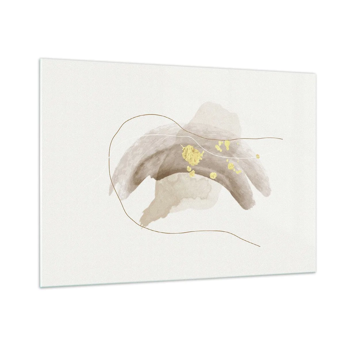 Glasbild - Bild auf glas - Beige und goldene Abstraktion mit zarten Linien und Formen - 100x70cm - Im Weltraum begegnet - Moderne Wanddekoration für Wohnzimmer und Schlafzimmer ARTTOR