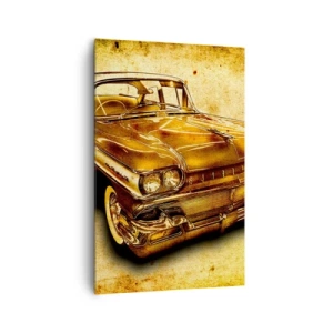 Bild auf Leinwand - Leinwandbild - Ein goldenes klassisches Retro-Auto auf einem Vintage-Hintergrund mit gealtertem Effekt. - 80x120cm - Die unvergängliche Schönheit der Klassiker - Moderne Wanddekoration für Wohnzimmer und Schlafzimmer ARTTOR