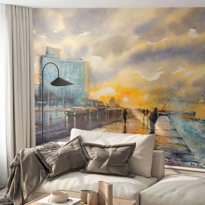 Fototapete Premium Sand - Malerische Küstenszene mit Fischern bei Sonnenuntergang - 100x70cm - Leben am Ufer - Moderne Wanddekoration für Wohnzimmer und Schlafzimmer ARTTOR