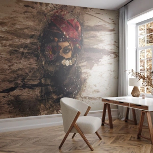 Fototapete Standard Eco - Gelinde gesagt besorgniserregend - Abstraktion, Das Gesicht einer Frau, Orientalische Symbole - 350x256 cm