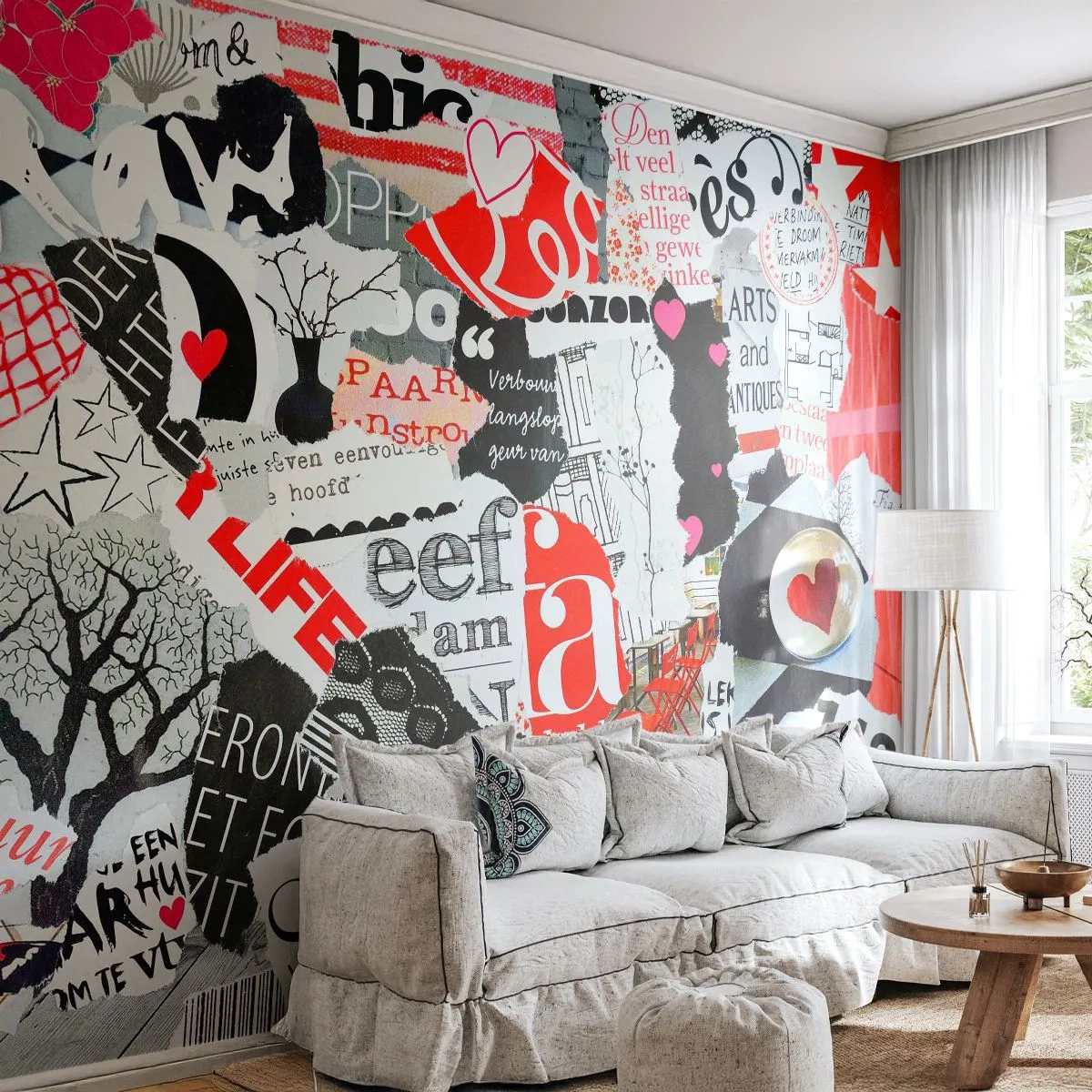 Fototapete Premium Sand - Bunte Collage-Komposition mit Zeitungsausschnitten und Texten - 100x70cm - Hipster-Collage - Moderne Wanddekoration für Wohnzimmer und Schlafzimmer ARTTOR