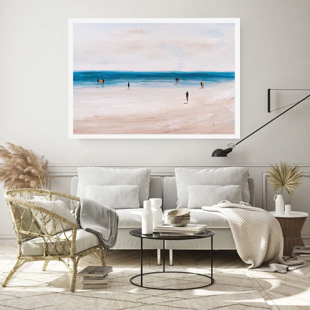 Poster - Ein Strand mit Menschen vor der Kulisse eines ruhigen Meeres - 100x70cm - Natürliches Bedürfnis - Moderne Wanddekoration für Wohnzimmer und Schlafzimmer ARTTOR