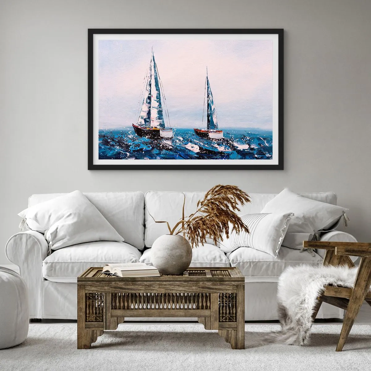 Poster in einem schwarzem Rahmen - Segelboote auf stürmischer See in malerischer Komposition - 70x50cm - Bruderschaft des Windes - Moderne Wanddekoration für Wohnzimmer und Schlafzimmer ARTTOR