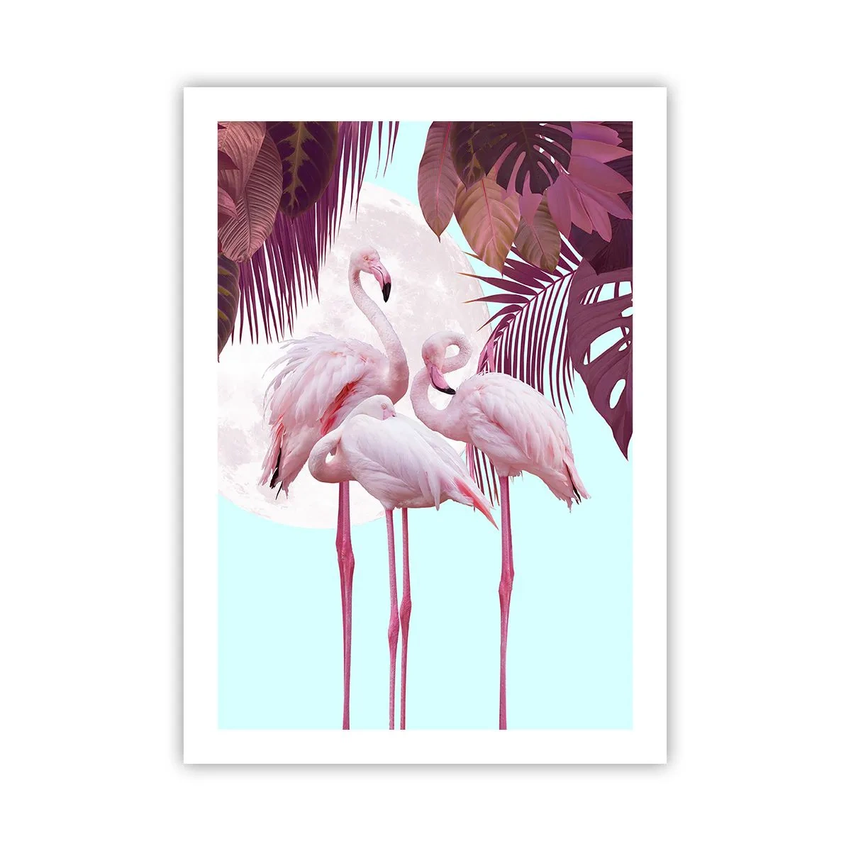 Poster - Flamingos vor dem Hintergrund tropischer Blätter und Vollmond - 50x70cm - Drei Vogelgnaden - Moderne Wanddekoration für Wohnzimmer und Schlafzimmer ARTTOR