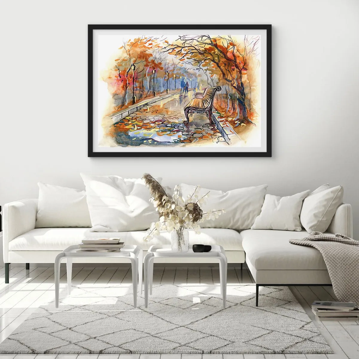 Poster in einem schwarzem Rahmen - Ein herbstlicher Park mit einer Bank in Aquarell - 70x50cm - Gemeinsam im Herbst wandern - Moderne Wanddekoration für Wohnzimmer und Schlafzimmer ARTTOR