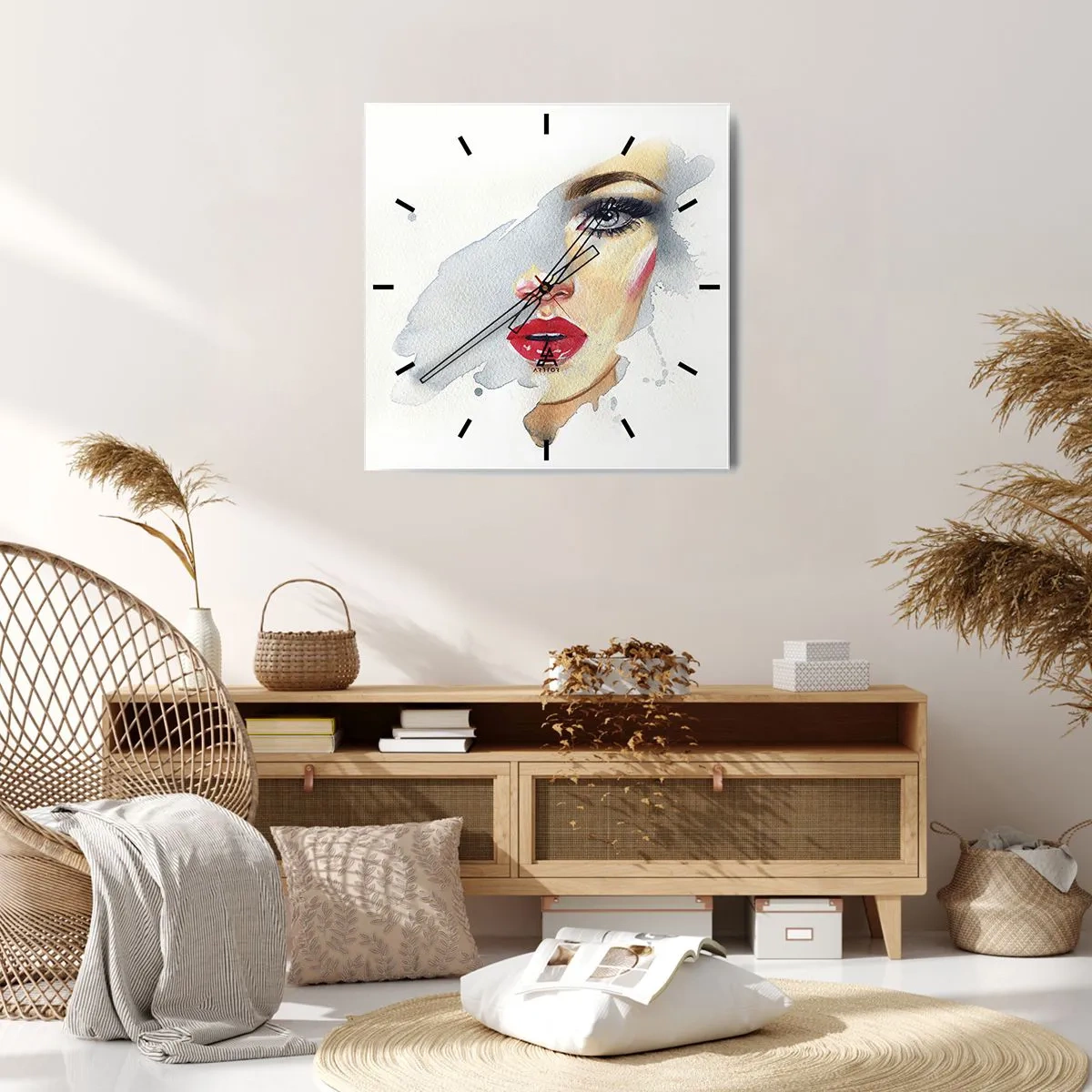 Wanduhr - Glasuhr - Ein Aquarellporträt einer Frau mit intensivem Blick. - 30x30cm - Abspiegeln in einem Wassertropfen - Moderne Wanddekoration für Wohnzimmer und Schlafzimmer ARTTOR