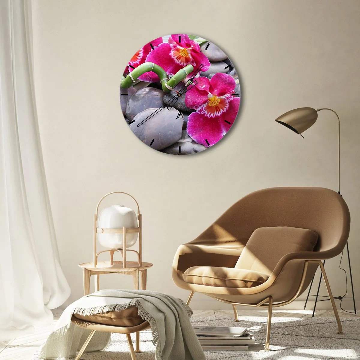 Wanduhr - Glasuhr - Rosa Orchideen auf Steinen mit grünem Bambus - 30x30cm - Kühlen und erhitzen - Moderne Wanddekoration für Wohnzimmer, Küche und Schlafzimmer ARTTOR