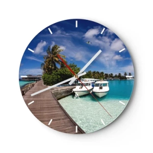 Wanduhr - Glasuhr - Exotischer Blick auf den Pier mit Booten und türkisfarbenem Wasser - 30x30cm - Doch das Paradies gibt es - Moderne Wanddekoration für Wohnzimmer, Küche und Schlafzimmer ARTTOR