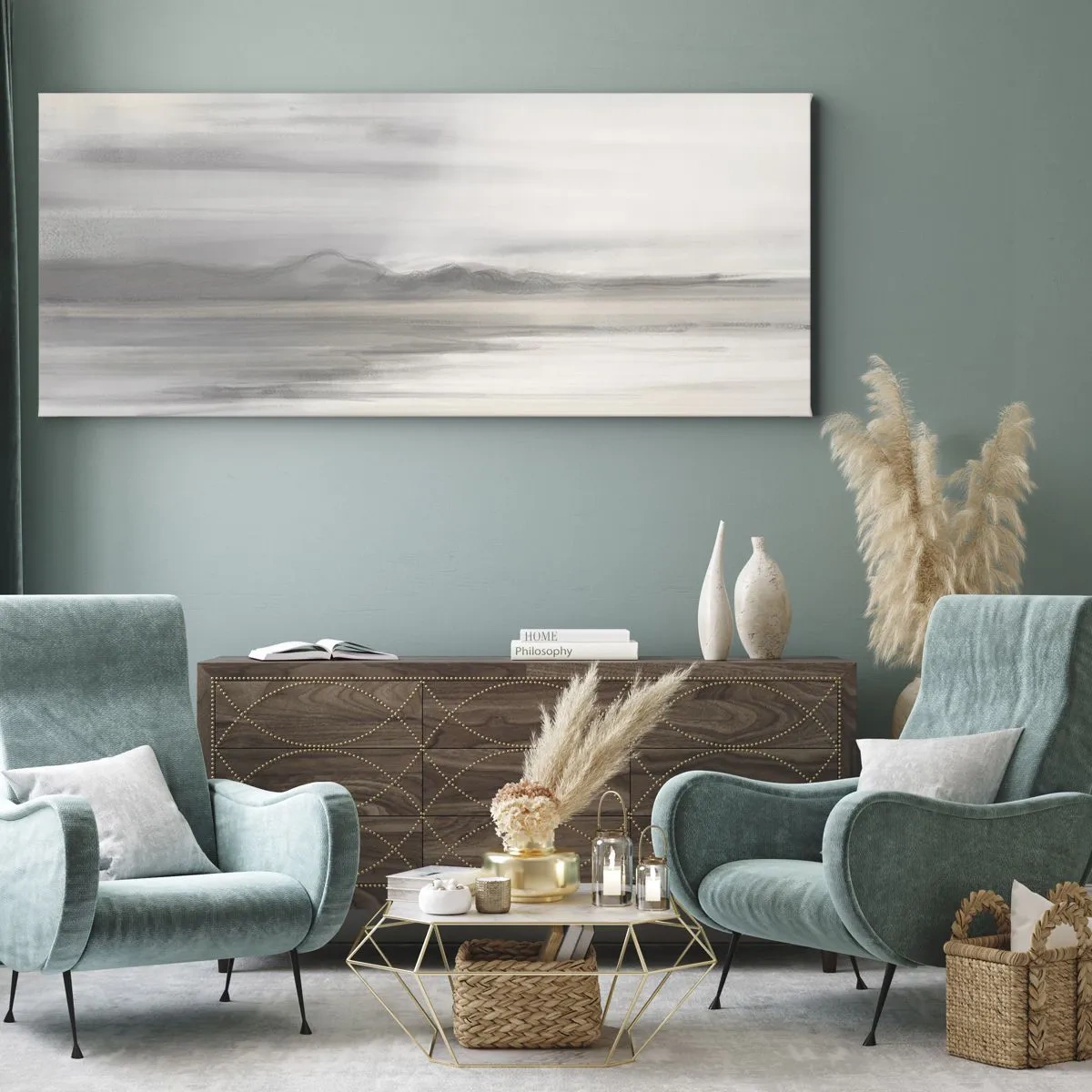 Bild auf Leinwand - Leinwandbild - Eine subtile Landschaft in Grau- und Beigetönen - 160x50cm - Nachdenkliche Distanz - Moderne Wanddekoration für Wohnzimmer und Schlafzimmer ARTTOR