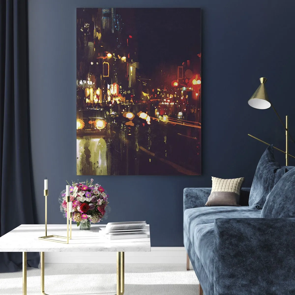Glasbild - Bild auf glas - Stadtnachtlandschaft mit Autos und Straßenlaternen - 50x70cm - Eingetaucht in die Lichter der Nacht - Moderne Wanddekoration für Wohnzimmer und Schlafzimmer ARTTOR