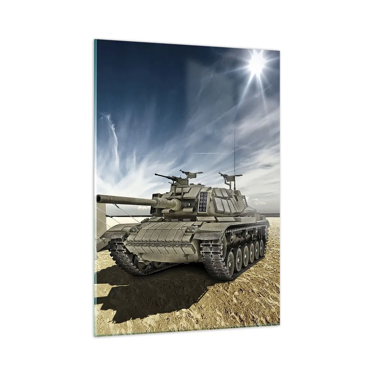 Glasbild - Bild auf glas - Ein Panzer und ein Zelt vor einem Wüstenhintergrund unter blauem Himmel - 50x70cm - Ein militärischer Traum - Moderne Wanddekoration für Wohnzimmer und Schlafzimmer ARTTOR