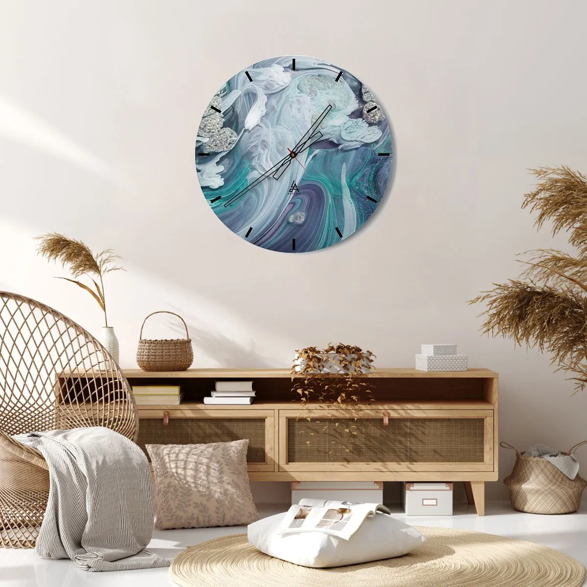 Wanduhr - Glasuhr - Eine abstrakte Komposition in Blau- und Türkistönen mit Glitzer. - 30x30cm - Strömungen von Himmelblau - Moderne Wanddekoration für Wohnzimmer, Küche und Schlafzimmer ARTTOR
