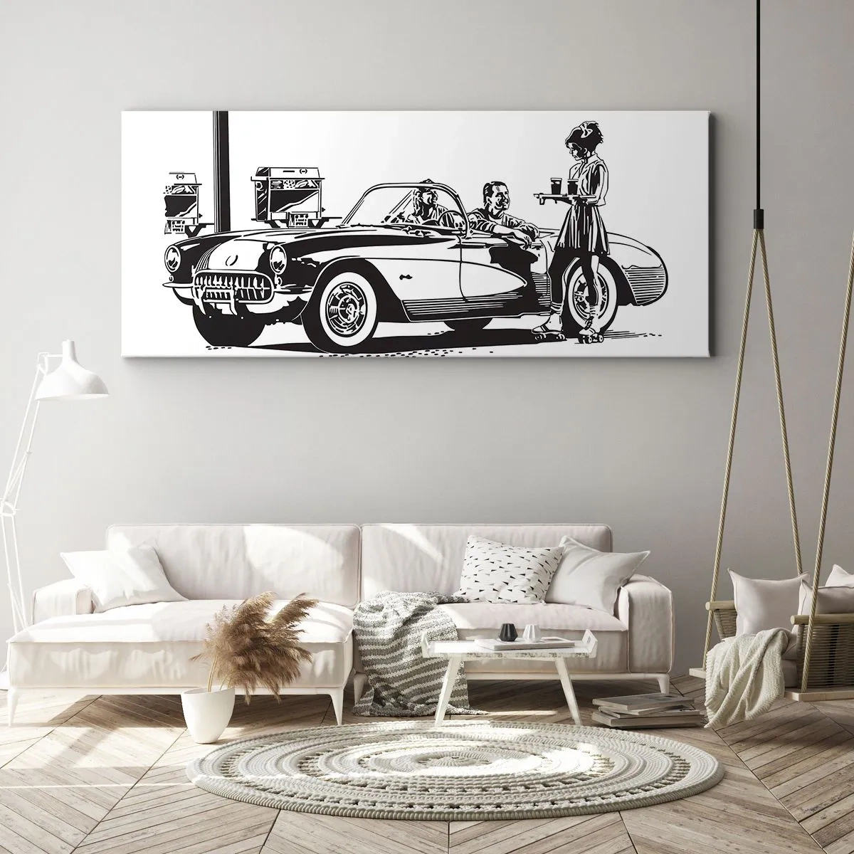 Bild auf Leinwand - Leinwandbild - Eine schwarz-weiße Retro-Szene mit einem Auto und einer Kellnerin auf Rollschuhen. - 160x50cm - 60. - unbeschwertes Amerika - Moderne Wanddekoration für Wohnzimmer und Schlafzimmer ARTTOR
