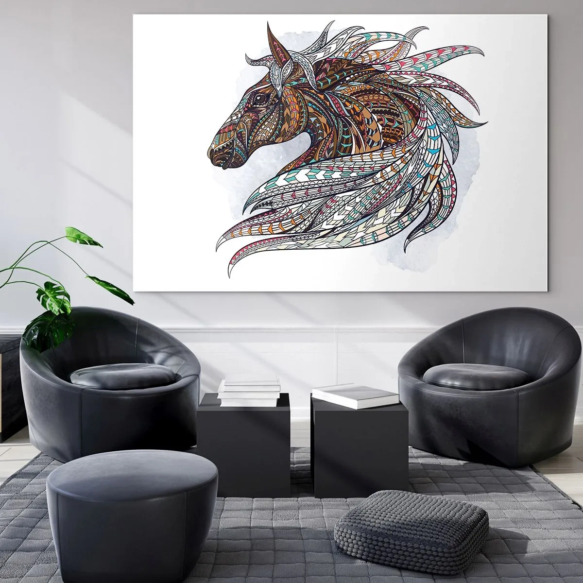 Glasbild - Bild auf glas - Buntes Pferd im künstlerischen Stil mit geometrischen Mustern - 70x50cm - Keltisches Kriegsross - Moderne Wanddekoration für Wohnzimmer und Schlafzimmer ARTTOR