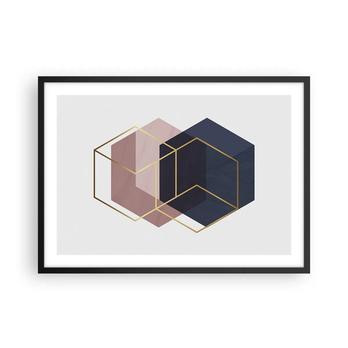 Poster in einem schwarzem Rahmen - Geometrische Formen in goldenen Linien auf pastellfarbenem Hintergrund - 70x50cm - Die Kraft der Einfachheit - Moderne Wanddekoration für Wohnzimmer und Schlafzimmer ARTTOR