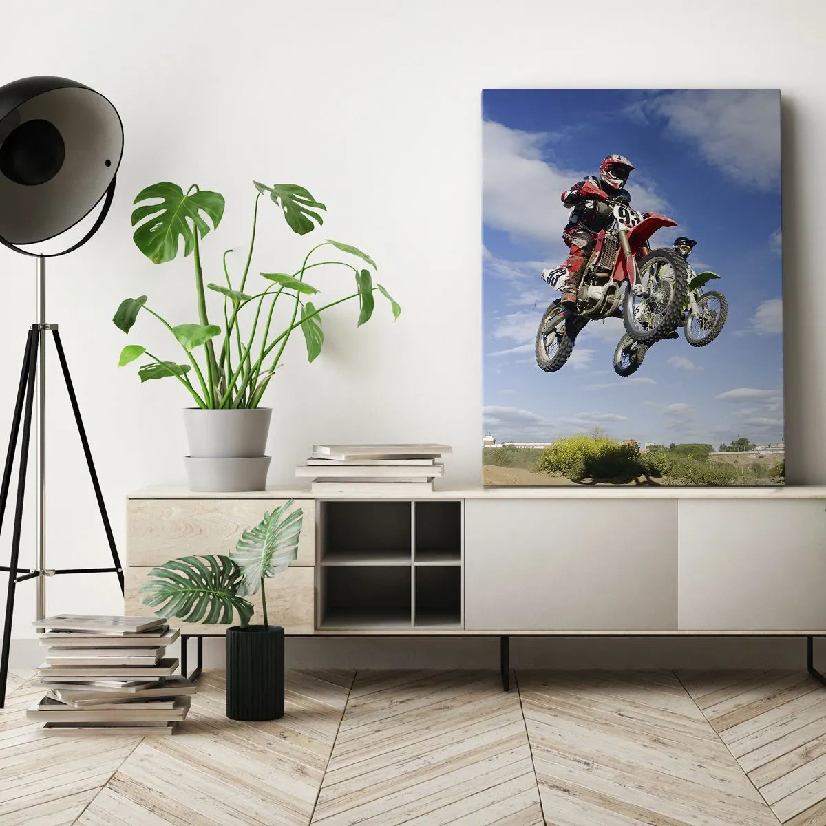 Bild auf Leinwand - Leinwandbild - Fahrer auf Motocross-Motorrädern in der Luft während eines Sprunges - 70x100cm - Himmelssprung - Moderne Wanddekoration für Wohnzimmer und Schlafzimmer ARTTOR