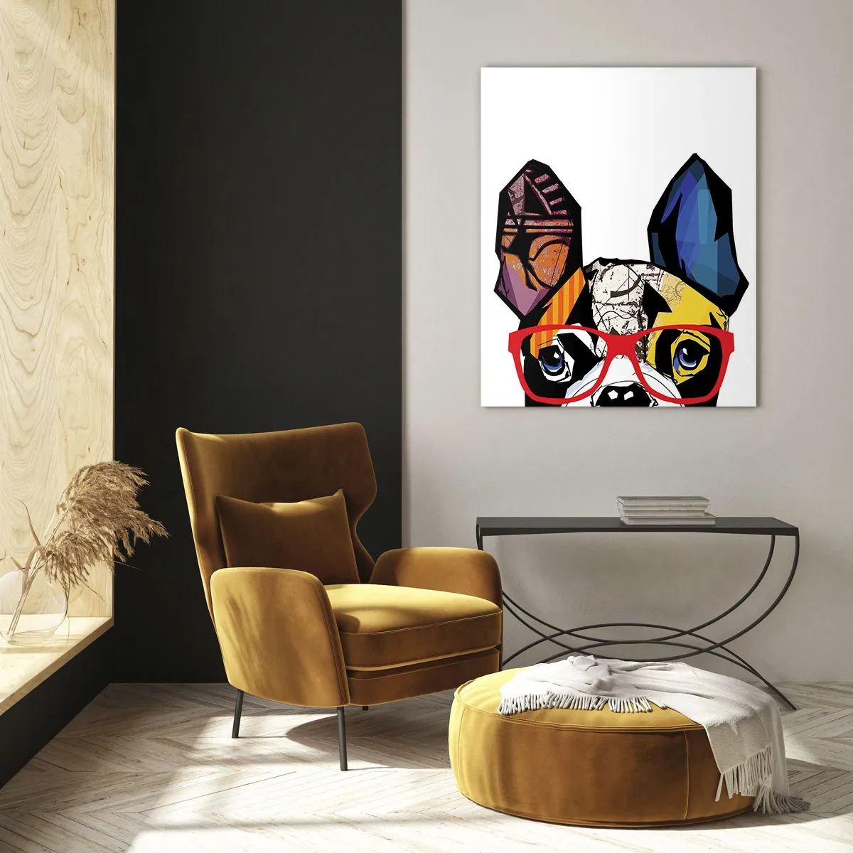 Glasbild - Bild auf glas - Bulldogge trägt bunte Brille auf weißem Hintergrund - 50x70cm - Intellektuelle - Moderne Wanddekoration für Wohnzimmer und Schlafzimmer ARTTOR