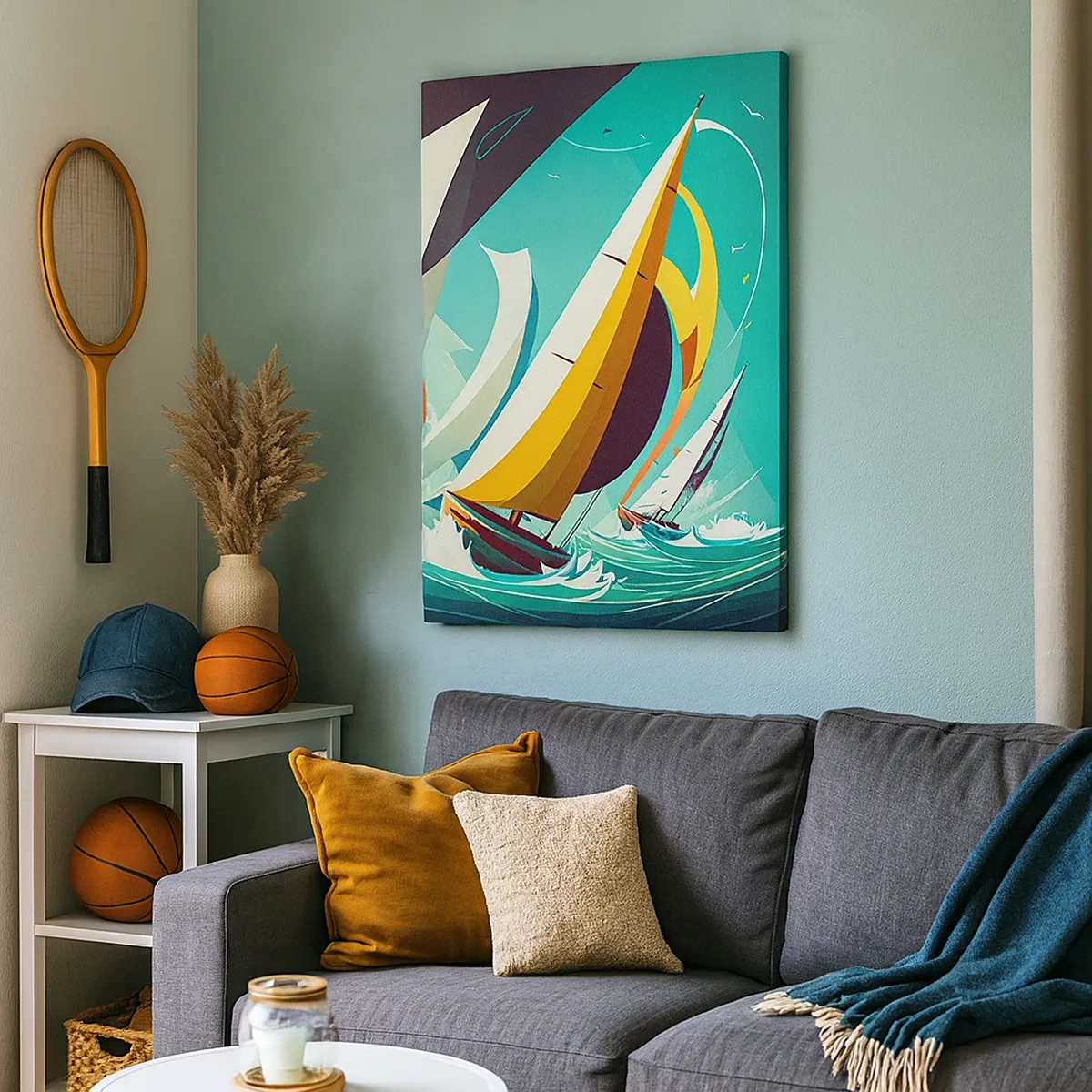 Bild auf Leinwand - Leinwandbild - Eine dynamische Illustration von Segelbooten in stürmischer See. - 50x70cm - Viel Glück mit den Elementen - Moderne Wanddekoration für Wohnzimmer und Schlafzimmer ARTTOR