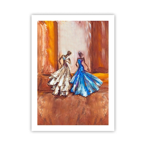 Poster - Zwei Frauen in Kleidern vor dem Hintergrund eines goldenen Interieurs - 50x70cm - Ein dankbares Duo - Moderne Wanddekoration für Wohnzimmer und Schlafzimmer ARTTOR