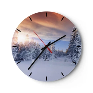 Wanduhr - Glasuhr - Winterlandschaft mit schneebedeckten Bäumen und untergehender Sonne - 30x30cm - Ein verschneites Naturschauspiel - Moderne Wanddekoration für Wohnzimmer, Küche und Schlafzimmer ARTTOR