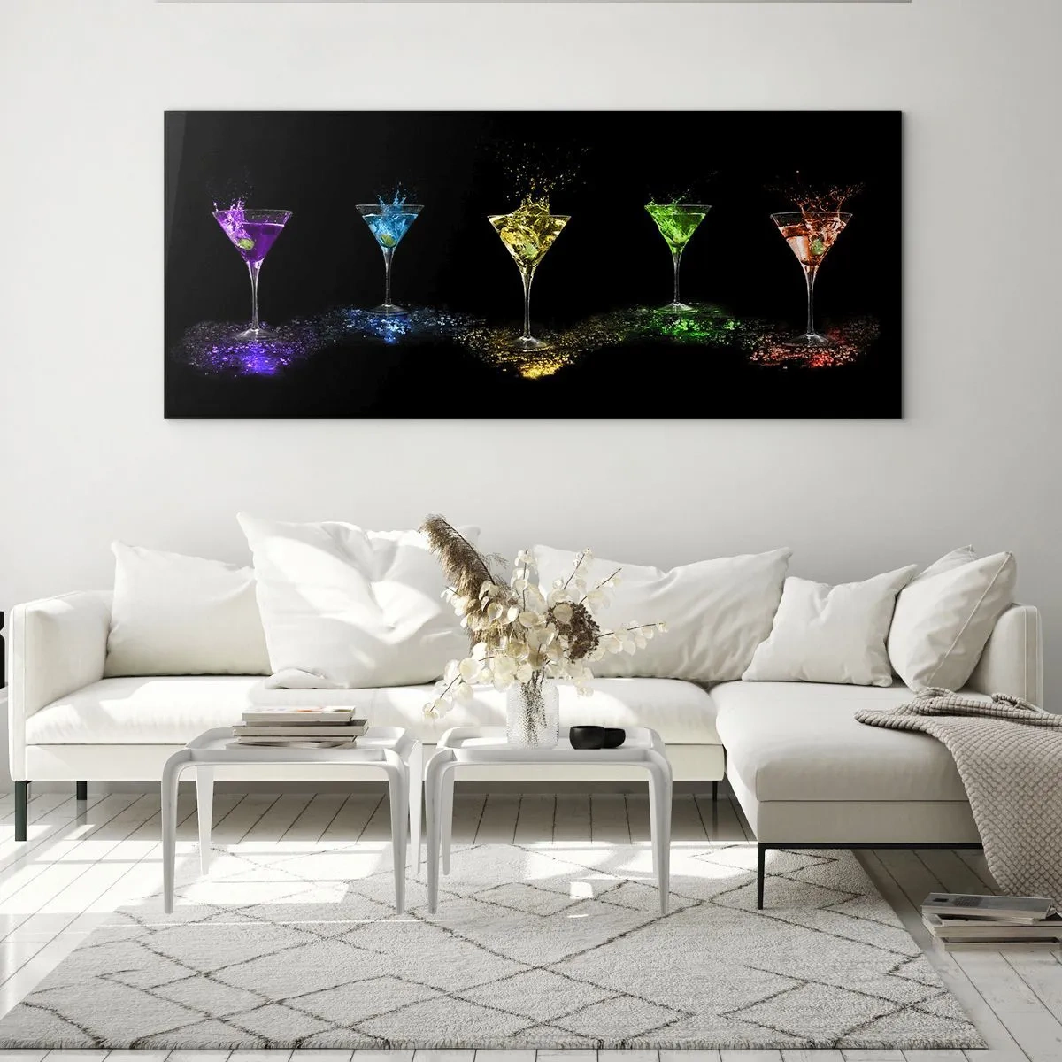 Glasbild - Bild auf glas - Bunte Cocktails in Gläsern auf schwarzem Hintergrund - 120x50cm - Farben der Freude in Kristallglas - Moderne Wanddekoration für Wohnzimmer und Schlafzimmer ARTTOR