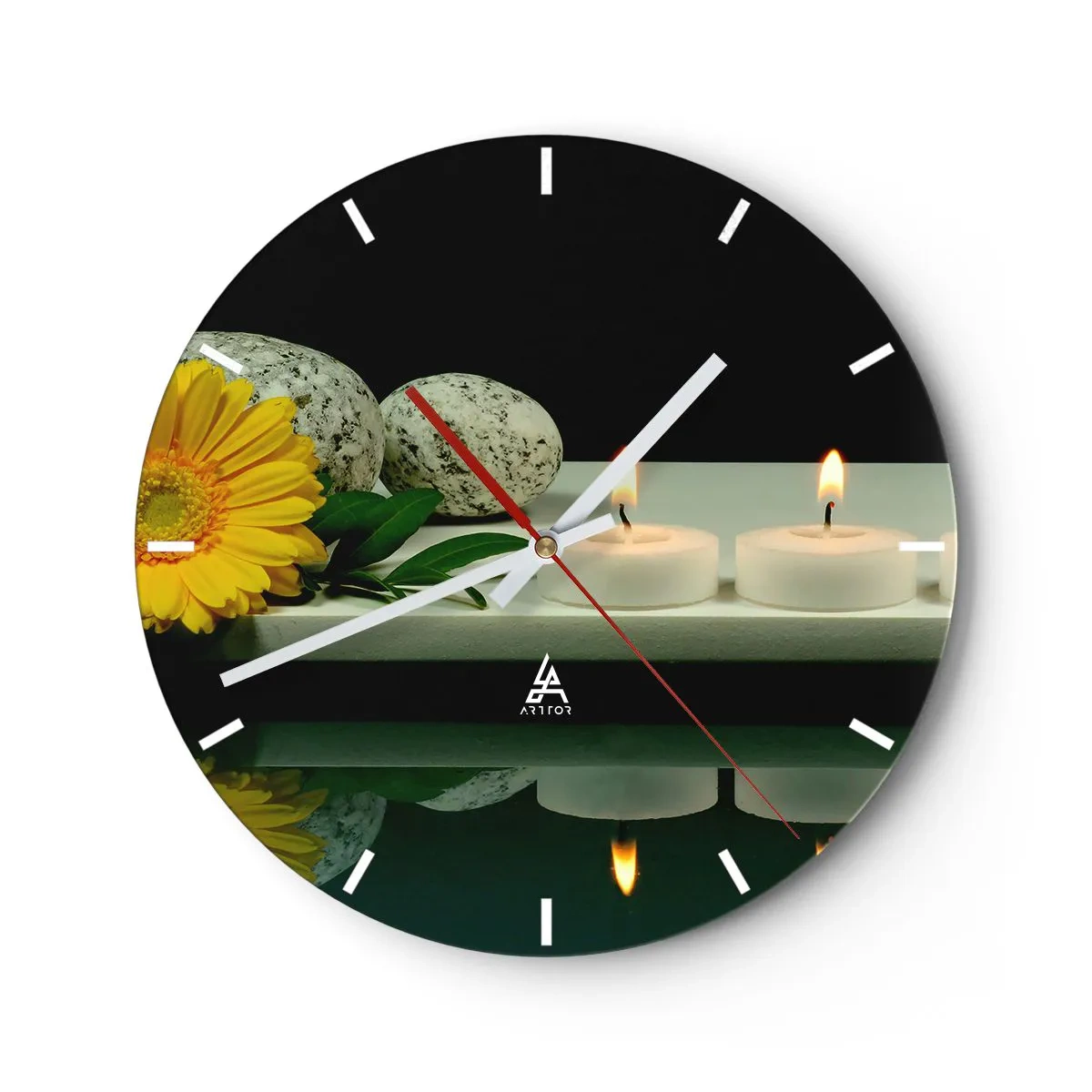 Wanduhr - Glasuhr - Steine, Kerzen und eine Blume auf schwarzem Hintergrund - 30x30cm - Beruhigung der Sinne - Moderne Wanddekoration für Wohnzimmer, Küche und Schlafzimmer ARTTOR