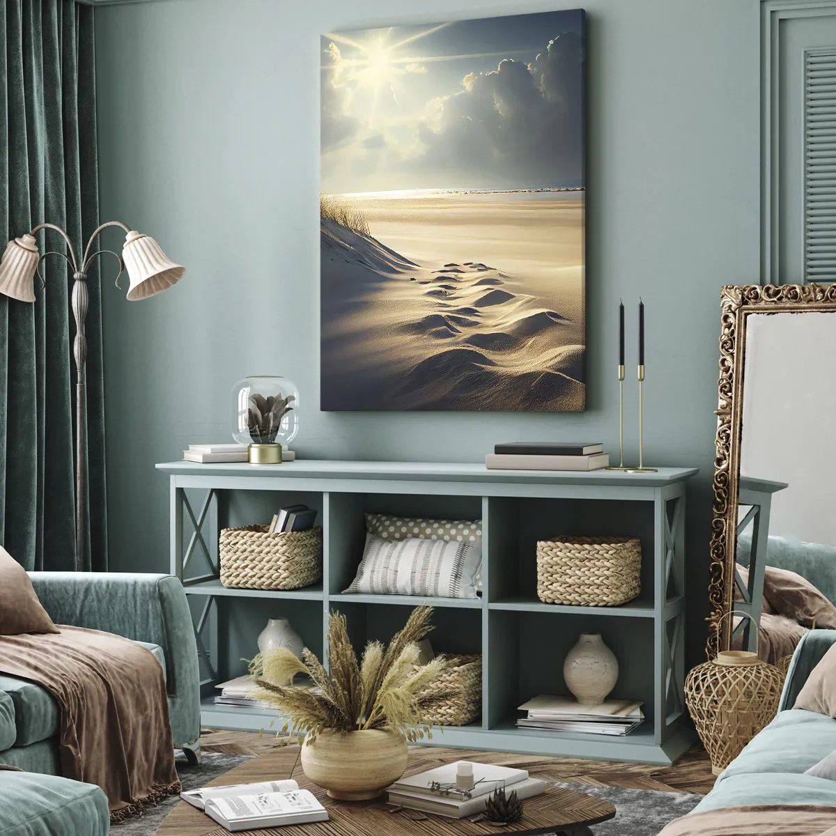 Bild auf Leinwand - Leinwandbild - Goldene Dünen am Strand bei Sonnenuntergang mit Blick auf das Meer - 50x70cm - Beruhigende Landschaft - Moderne Wanddekoration für Wohnzimmer und Schlafzimmer ARTTOR