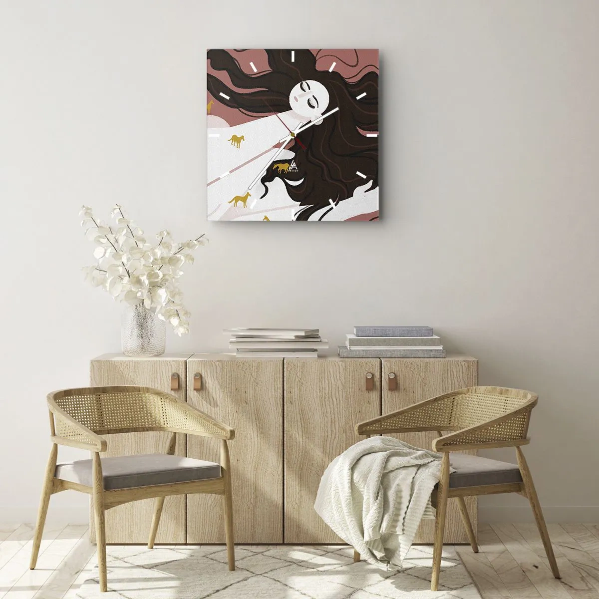 Wanduhr - Glasuhr - Eine Figur mit geschlossenen Augen, umgeben von goldenen Pferden - 30x30cm - Traum von einem goldenen Pferd - Moderne Wanddekoration für Wohnzimmer und Schlafzimmer ARTTOR