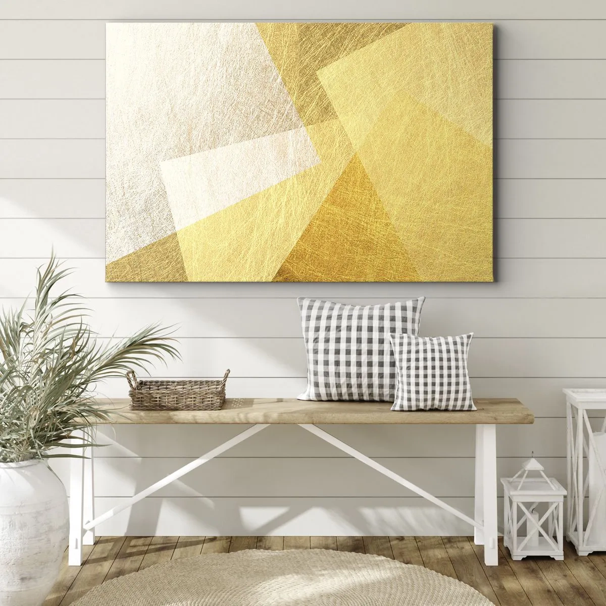 Bild auf Leinwand - Leinwandbild - Geometrische Formen in Gold und hellen Farbtönen - 70x50cm - Geometriewetter - Moderne Wanddekoration für Wohnzimmer und Schlafzimmer ARTTOR