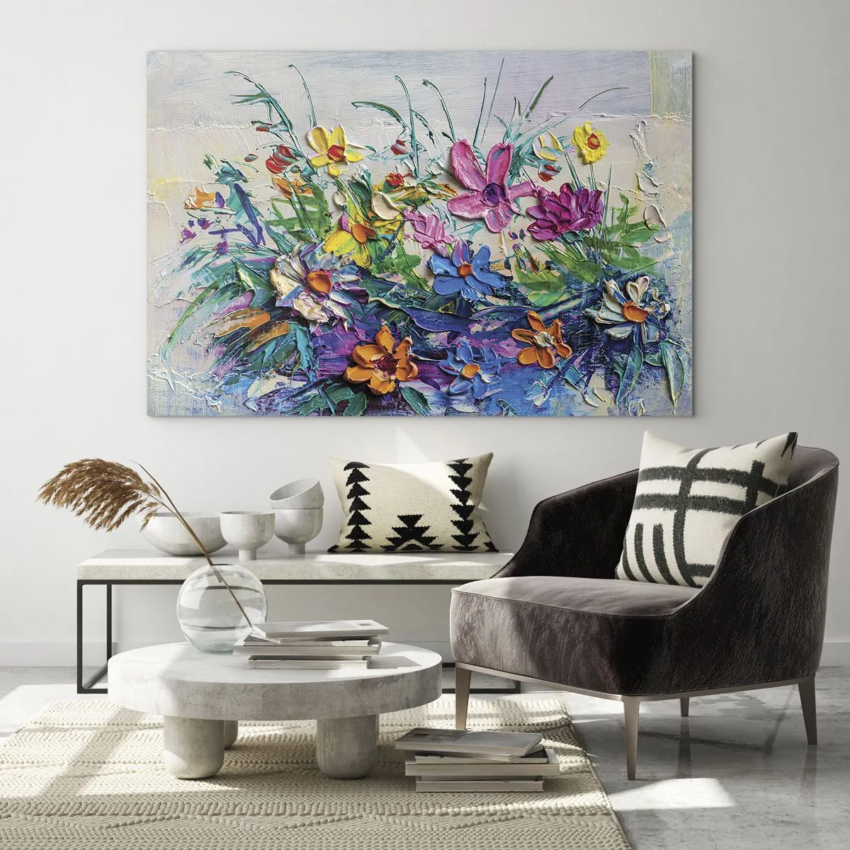 Glasbild - Bild auf glas - Ein farbenfrohes Blumenarrangement im malerischen Stil - 120x80cm - Überhaupt kein Stillleben - Moderne Wanddekoration für Wohnzimmer und Schlafzimmer ARTTOR