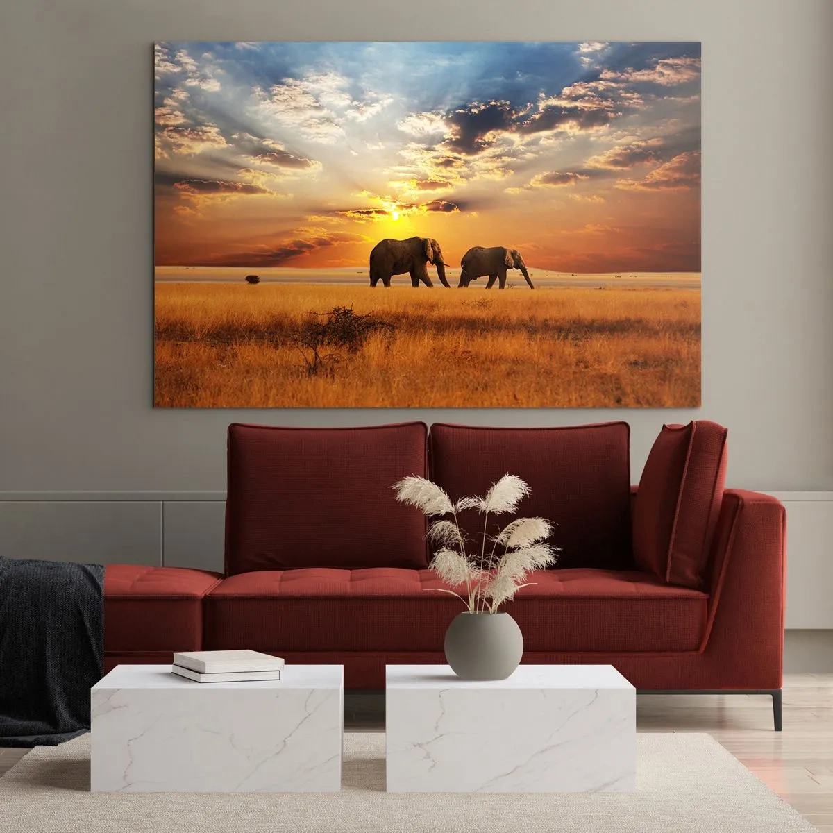 Glasbild - Bild auf glas - Elefanten in der afrikanischen Savanne bei Sonnenuntergang - 120x80cm - Familienspaziergang - Moderne Wanddekoration für Wohnzimmer und Schlafzimmer ARTTOR