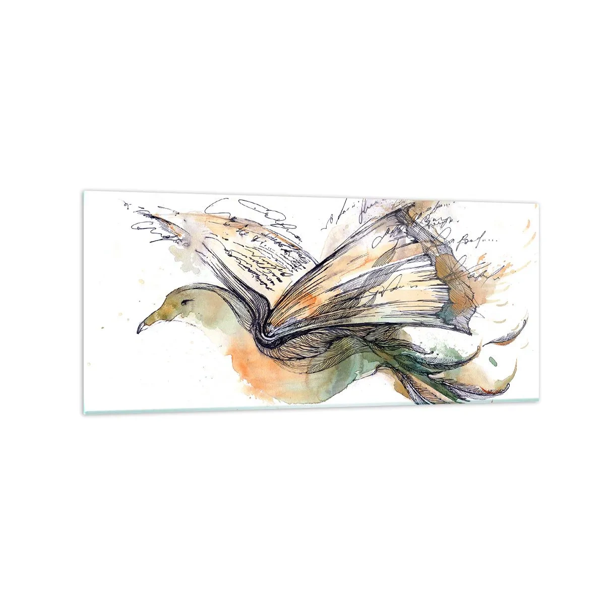 Glasbild - Bild auf glas - Künstlerische Aquarellmalerei eines Vogels mit einem Buch als Flügel - 120x50cm - Auf den Flügeln der Poesie - Moderne Wanddekoration für Wohnzimmer und Schlafzimmer ARTTOR