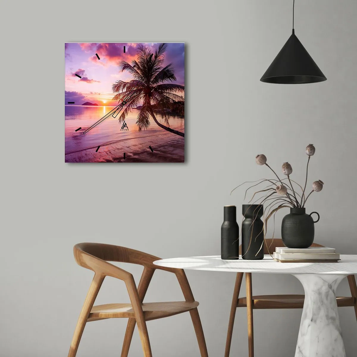 Wanduhr - Glasuhr - Tropischer Strand mit Palmen bei Sonnenuntergang - 30x30cm - Behaglichkeit bis zum Horizont - Moderne Wanddekoration für Wohnzimmer und Schlafzimmer ARTTOR