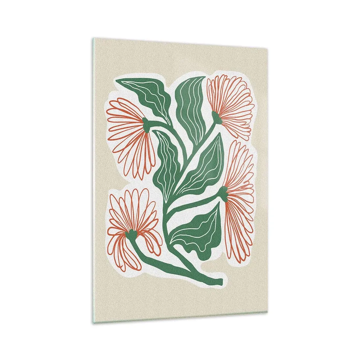 Glasbild - Bild auf glas - Eine Blumenzeichnung im minimalistischen Stil mit grünen Blättern - 80x120cm - Im Folkstil und modern - Moderne Wanddekoration für Wohnzimmer und Schlafzimmer ARTTOR