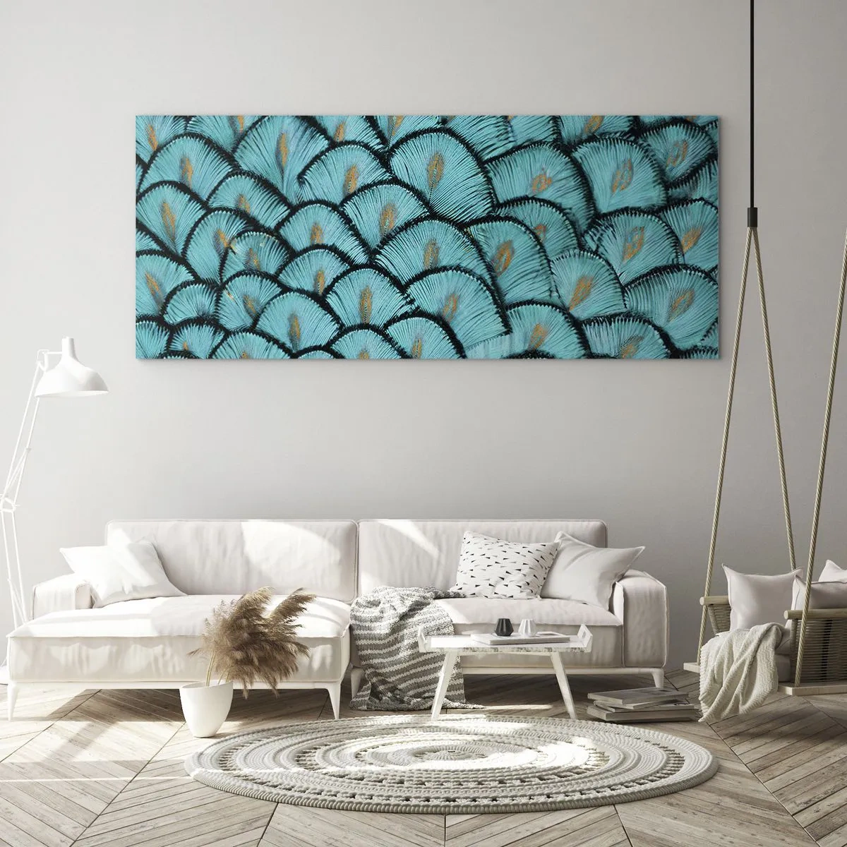 Glasbild - Bild auf glas - Ein Muster, das türkisfarbenen Schuppen mit goldenen Akzenten ähnelt - 120x50cm - Große Federgala - Moderne Wanddekoration für Wohnzimmer und Schlafzimmer ARTTOR