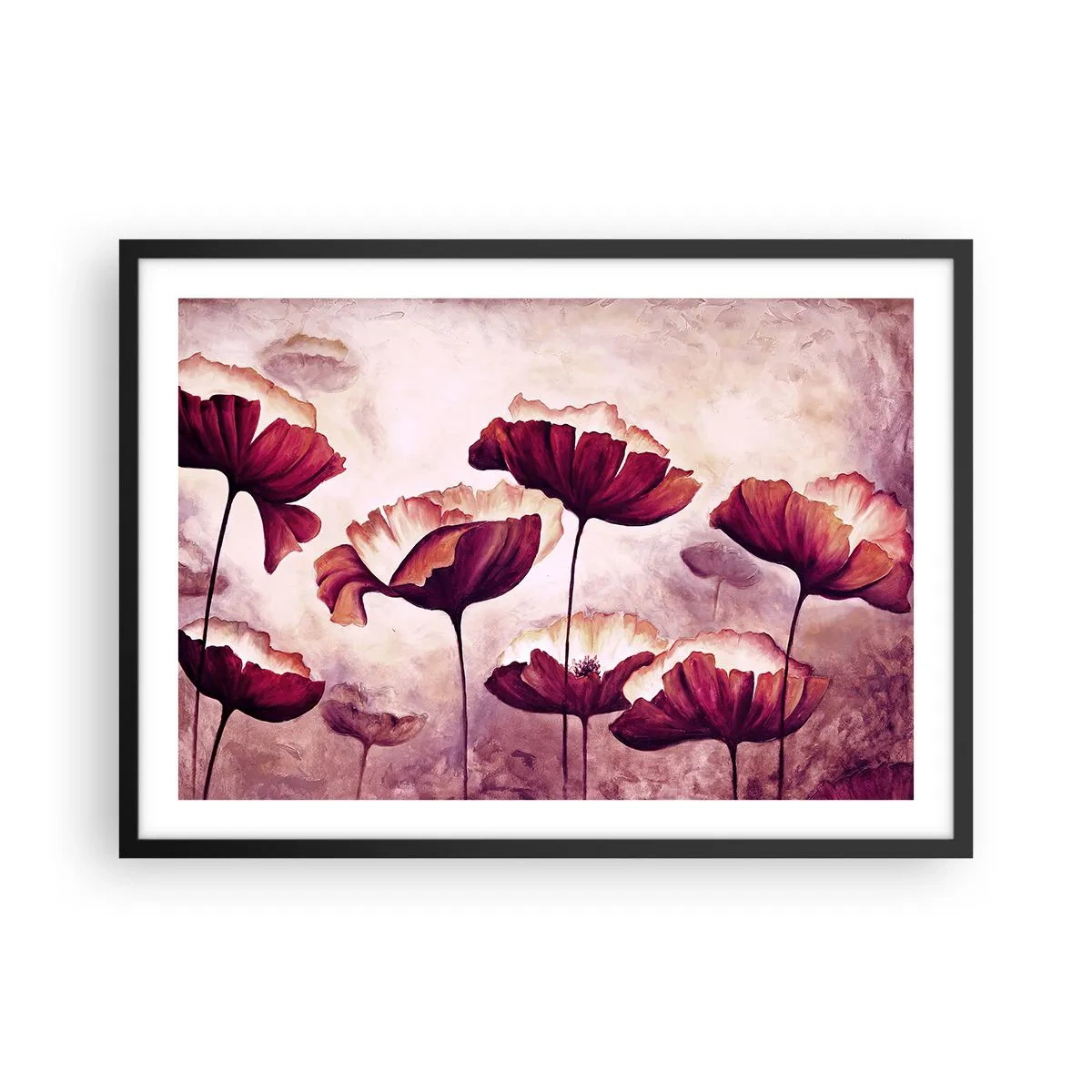 Poster in einem schwarzem Rahmen - Blumen in Rot- und Weißtönen auf dezentem Hintergrund - 70x50cm - Rotes und weißes Blütenblatt - Moderne Wanddekoration für Wohnzimmer und Schlafzimmer ARTTOR