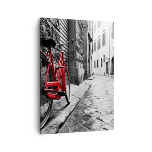 Bild auf Leinwand - Leinwandbild - Rotes Fahrrad in einer schwarz-weißen Straße - 50x70cm - Wahre Schönheit wird nicht alt - Moderne Wanddekoration für Wohnzimmer und Schlafzimmer ARTTOR