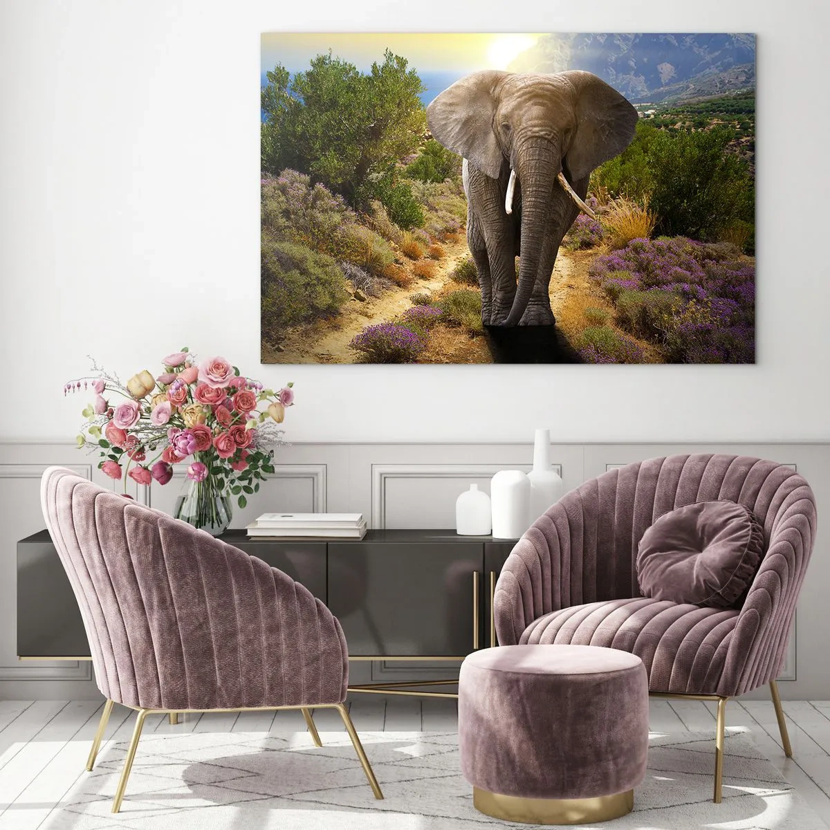 Glasbild - Bild auf glas - Ein Elefant vor einer Berglandschaft bei Sonnenuntergang - 120x80cm - So sah Eden aus - Moderne Wanddekoration für Wohnzimmer und Schlafzimmer ARTTOR