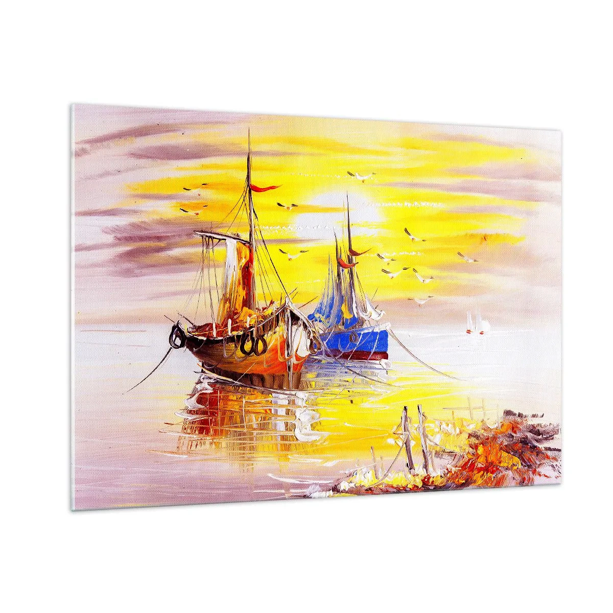 Glasbild - Bild auf glas - Fischerboote bei Sonnenuntergang auf ruhigem Wasser - 100x70cm - Eine wohlverdiente Pause im Hafen - Moderne Wanddekoration für Wohnzimmer und Schlafzimmer ARTTOR