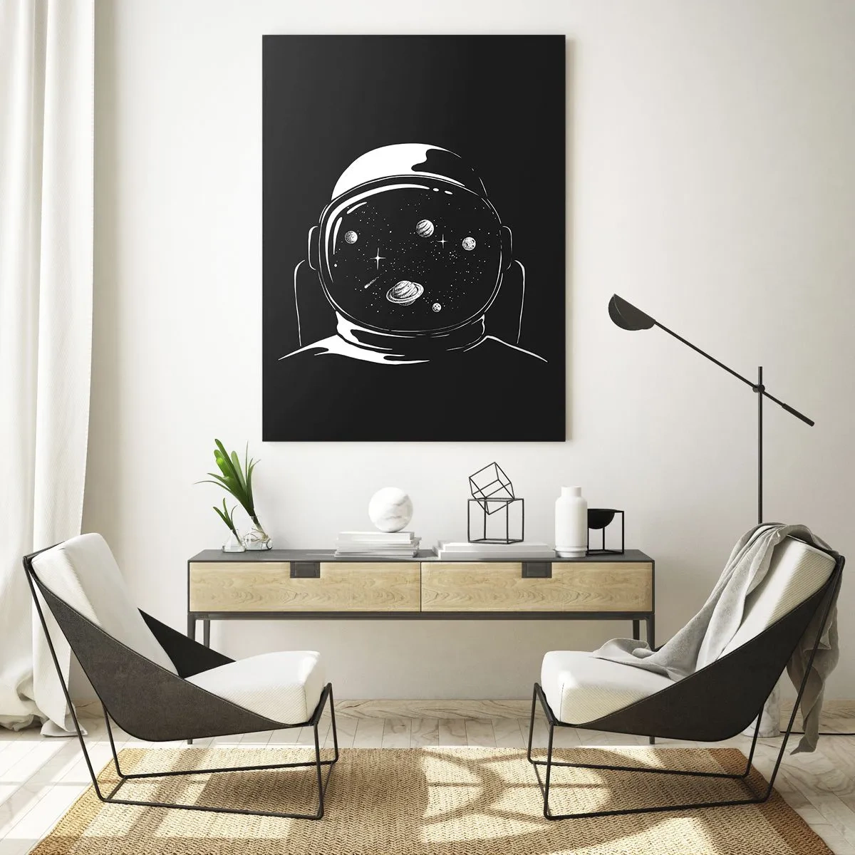 Glasbild - Bild auf glas - Astronaut mit Sternen und Planeten in seinem Helm auf schwarzem Hintergrund - 50x70cm - Schöne Aussicht - Moderne Wanddekoration für Wohnzimmer und Schlafzimmer ARTTOR