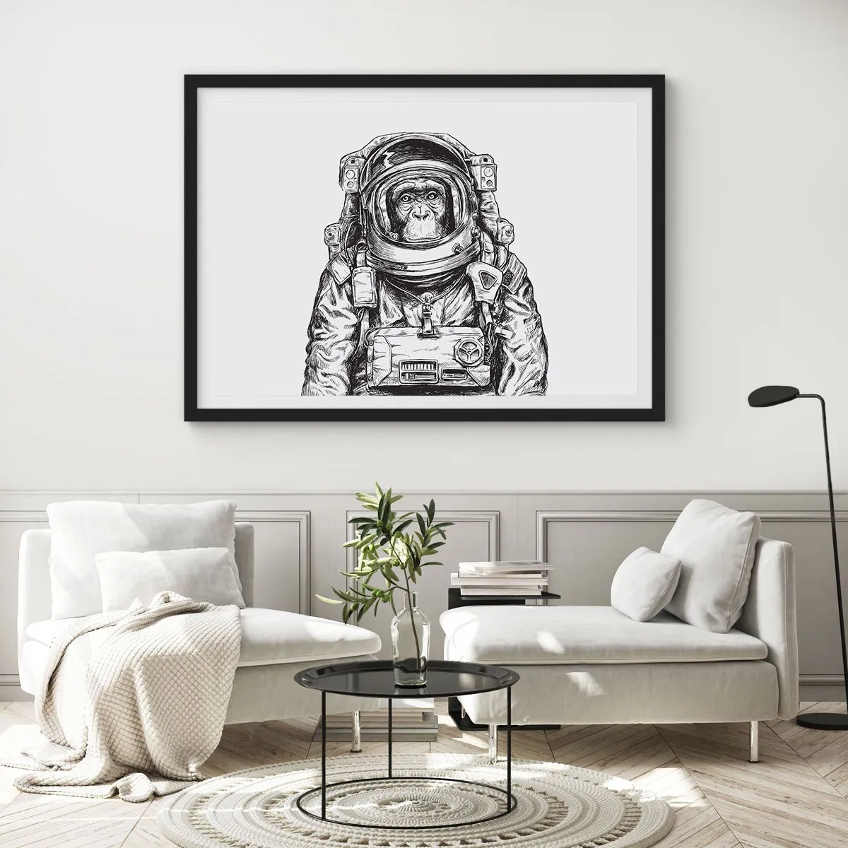 Poster in einem schwarzem Rahmen - Grafik eines Astronauten im Raumanzug mit Affenkopf - 70x50cm - Alternative Evolution - Moderne Wanddekoration für Wohnzimmer und Schlafzimmer ARTTOR