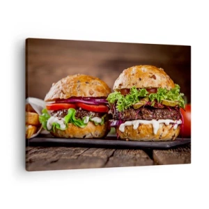 Bild auf Leinwand - Leinwandbild - Appetitliche Burger mit Gemüse und Sauce - 70x50cm - Amerikanischer Traum - Moderne Wanddekoration für Wohnzimmer und Schlafzimmer ARTTOR