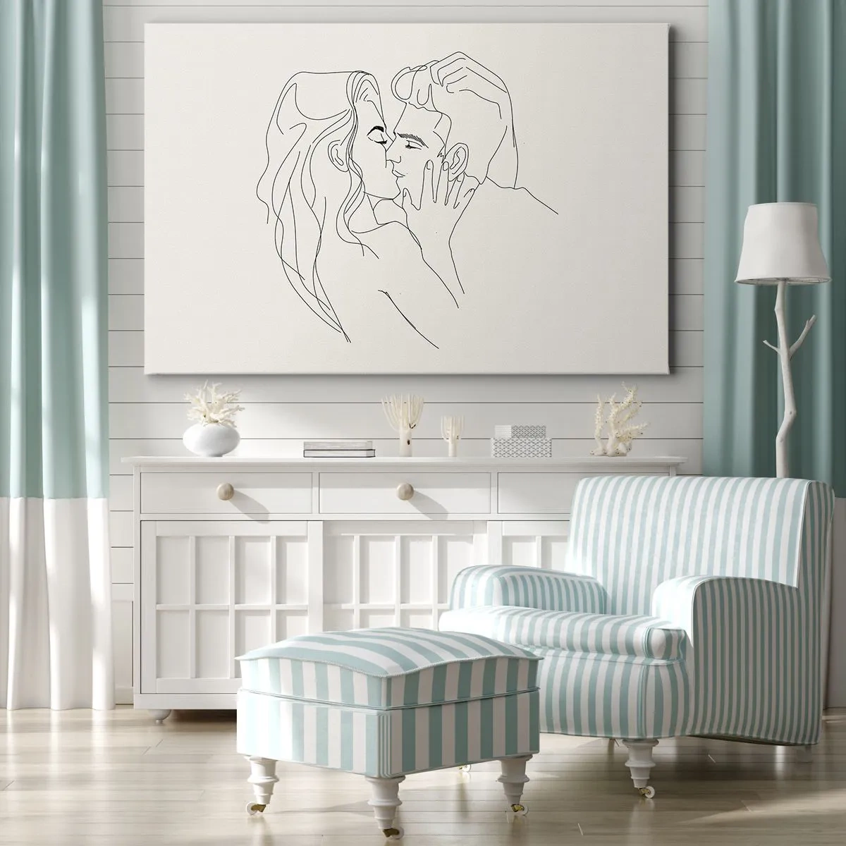 Bild auf Leinwand - Leinwandbild - Eine minimalistische Illustration eines Paares in einer liebevollen Umarmung - 70x50cm - Verstrickt im Gefühl - Moderne Wanddekoration für Wohnzimmer und Schlafzimmer ARTTOR