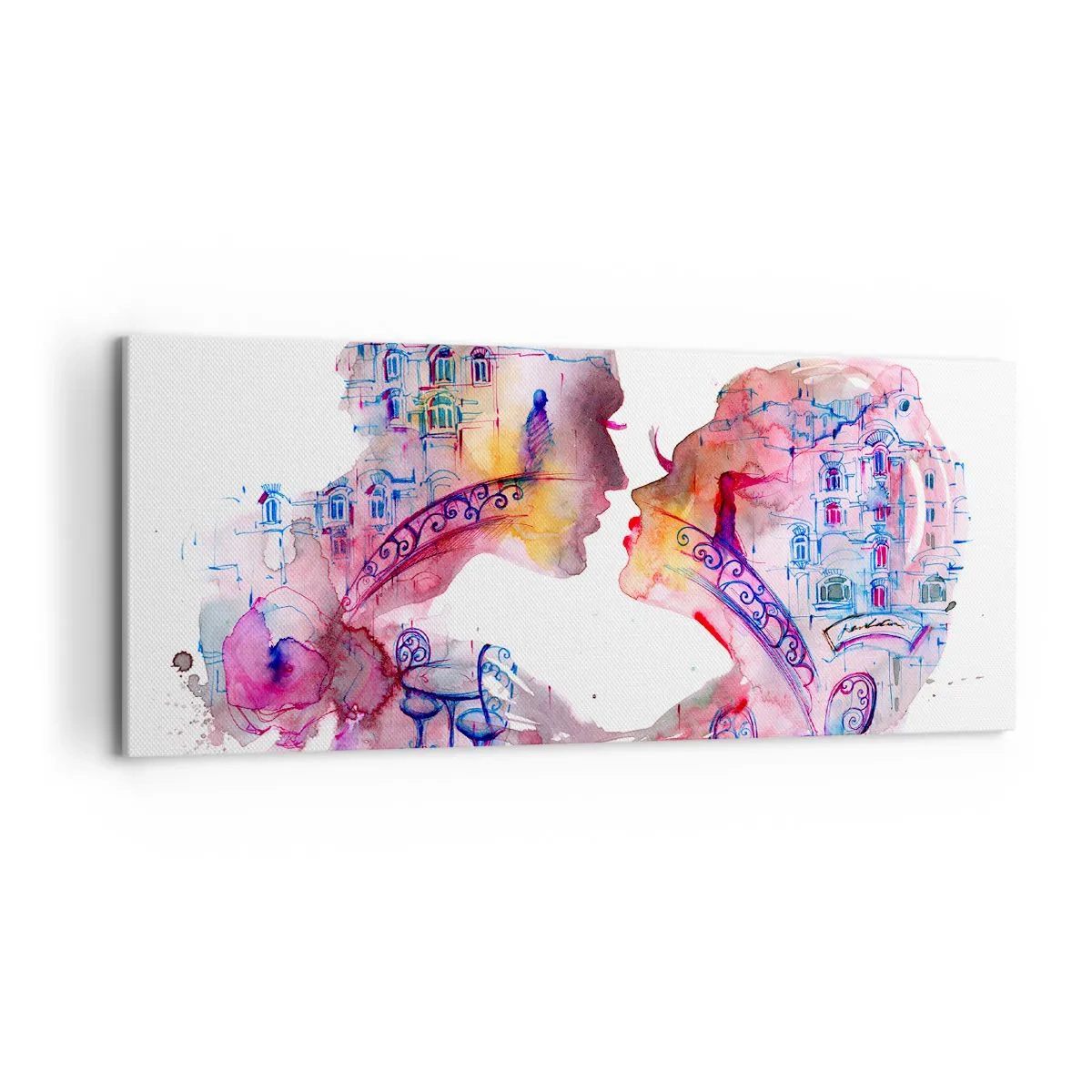 Bild auf Leinwand - Leinwandbild - Ein romantisches Aquarell, das die Silhouetten von Liebenden darstellt - 120x50cm - Die geheime Seufzerbrücke - Moderne Wanddekoration für Wohnzimmer und Schlafzimmer ARTTOR