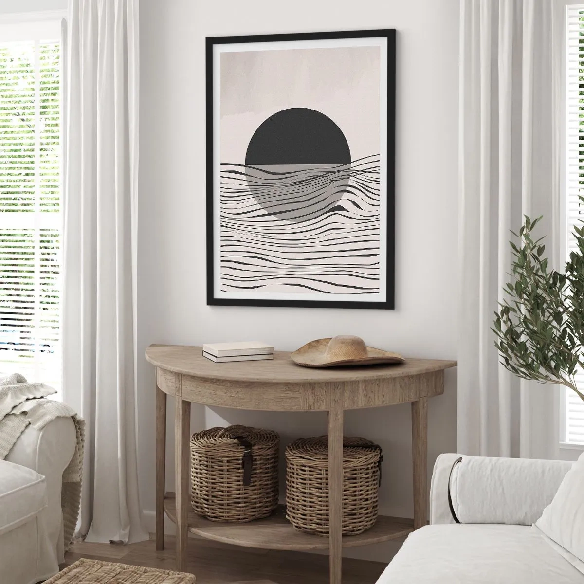 Poster in einem schwarzem Rahmen - Abstrakter Sonnenuntergang mit Wellenlinien - 50x70cm - Halbe Komposition - Moderne Wanddekoration für Wohnzimmer und Schlafzimmer ARTTOR