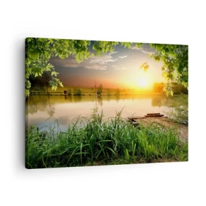 Bild auf Leinwand - Leinwandbild - Grüne Landschaft mit einem See bei Sonnenuntergang - 70x50cm - Landschaft in einem grünen Rahmen - Moderne Wanddekoration für Wohnzimmer und Schlafzimmer ARTTOR