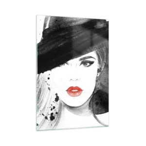 Glasbild - Bild auf glas - Porträt einer Frau mit schwarzem Hut und roten Lippen - 50x70cm - Frau in schwarz - Moderne Wanddekoration für Wohnzimmer und Schlafzimmer ARTTOR