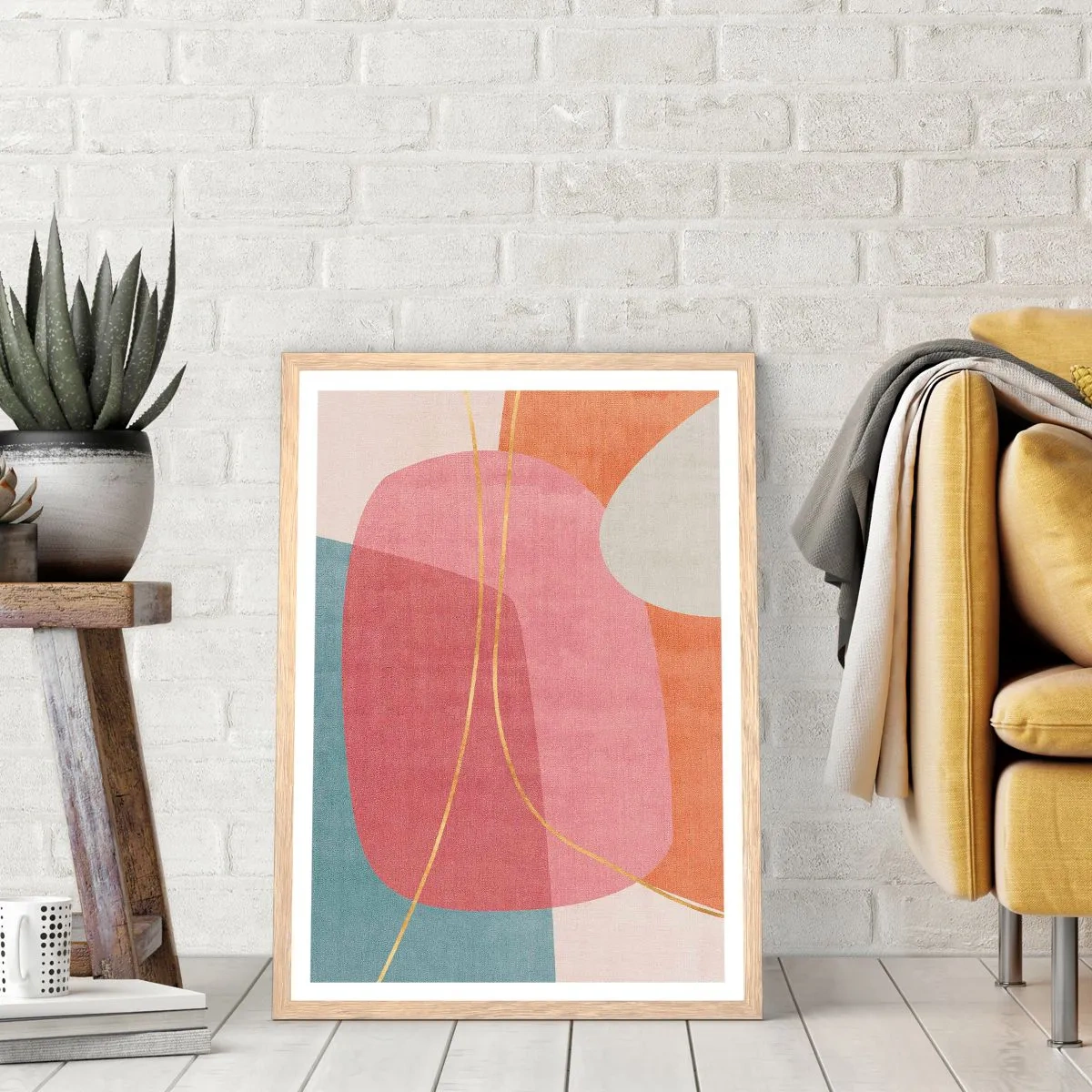 Poster in einem Rahmen aus heller Eiche - Pastellkomposition mit Goldfaden - 70x100 cm